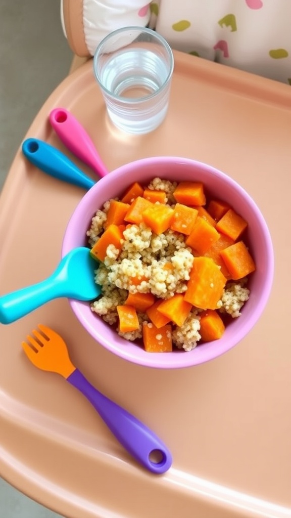 A cute bowl of quinoa mixed with pureed carrots and sweet potatoes, ready for an 8-month-old, on a high chair tray.